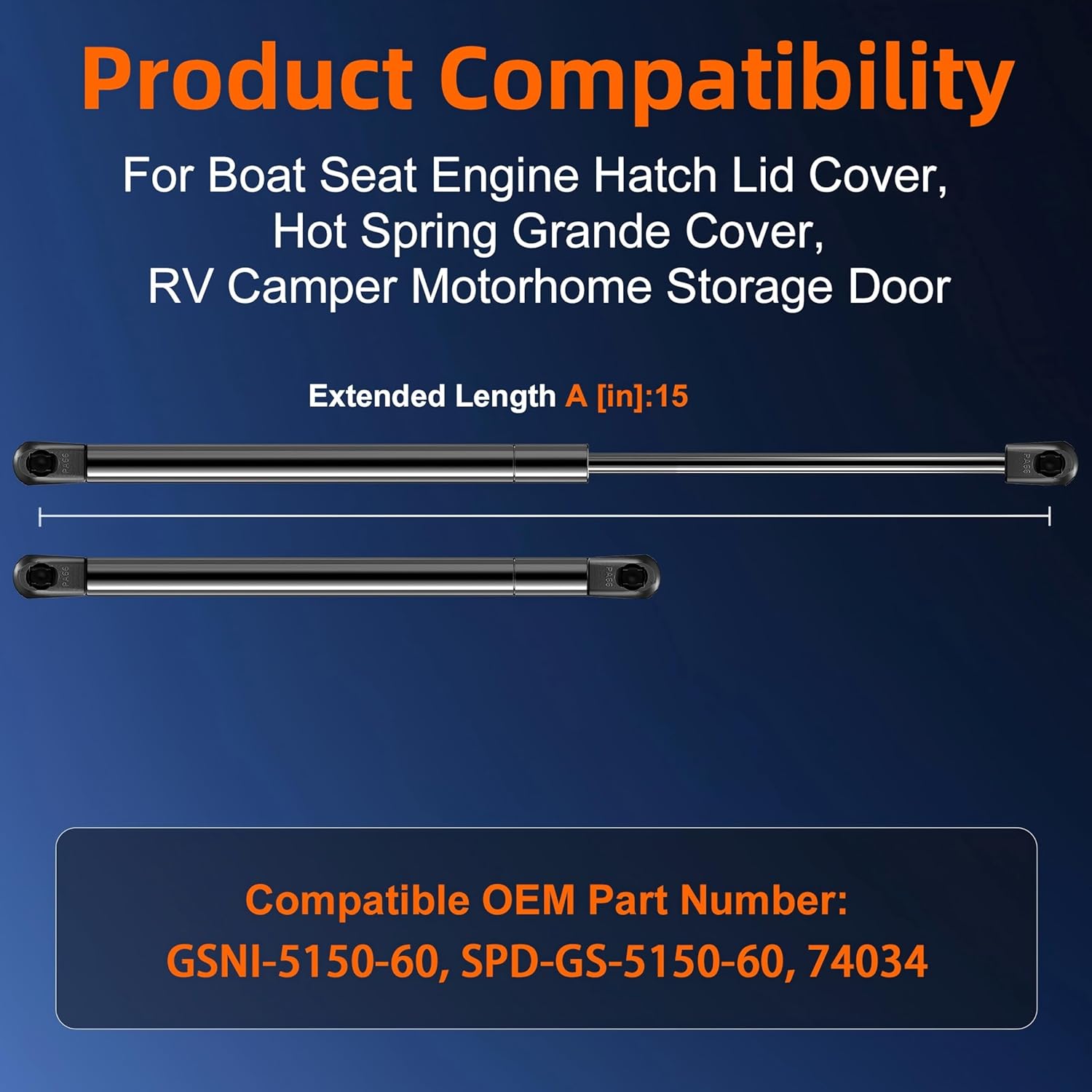 Qty (2) ml13-60 15in 60lb Gas Strut for Boat Seat Engine Hatch Cover, GSNI-5150-60 Gas Shock for Leer Topper Camper Shell Truck Cap Parts, SPD-GS-5150-60 Lift Support for RV Storage Door