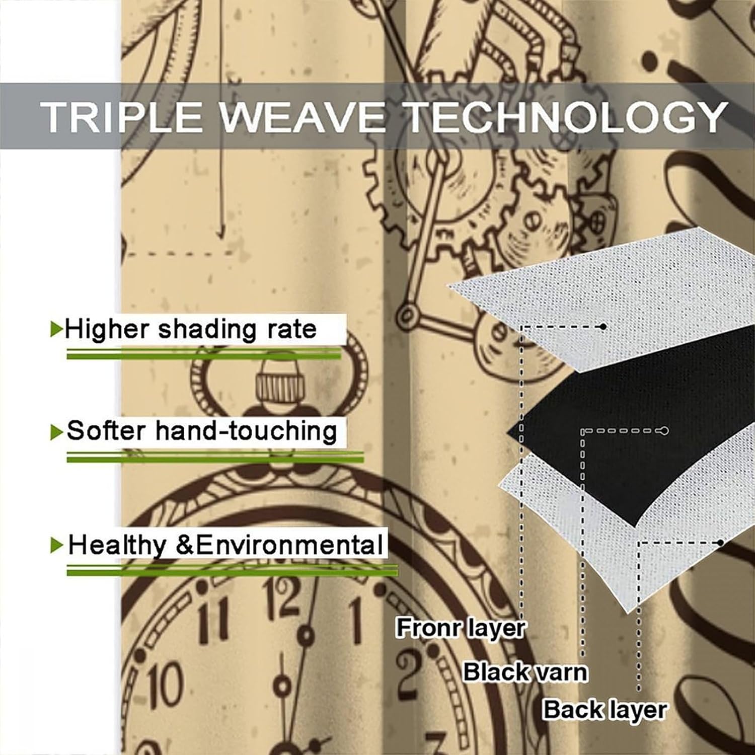 Vintage Steampunk Kitchen Curtains,Old Clock Print Window Treatments for Bedroom Living Room Retro Mid Century Style Window Drapes 2 Panels Set,Total Size 42 x 63 Inch