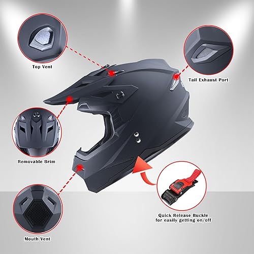 Miniatura 5 de 1Storm Casco de motocross para niños jóvenes, BMX MX ATV Dirt Bike Casco Adolescente Racing Estilo HF801 Negro mate