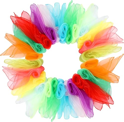 KIMOBER 24 bufandas cuadradas de baile, 12 colores malabares de seda, trucos de magia de música, accesorios para niños pequeños (24 x 24 pulgadas)