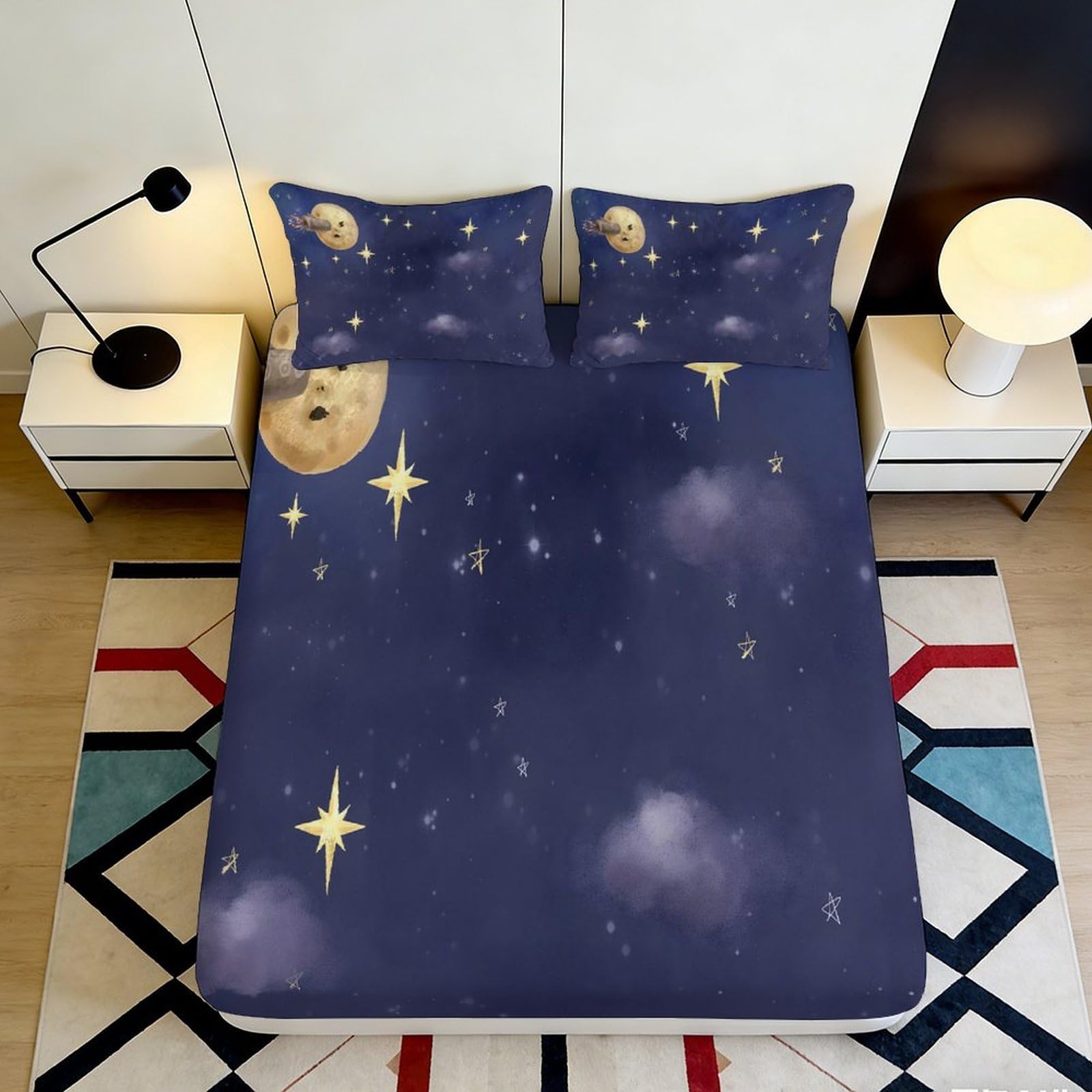 3D Printed Moon Star Night Sky Fitted Sheet Microfiber Soft Deep Blue Cosmic Cloud Mattress Cover Bedroom Decor 90x200x25cm