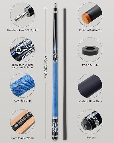 Miniatura 3 de KONLLEN Taco de piscina profesional 3 en 1 de fibra de carbono de 58 pulgadas con estuche rígido Deflexión baja eje de 0.496 in para romper y saltar