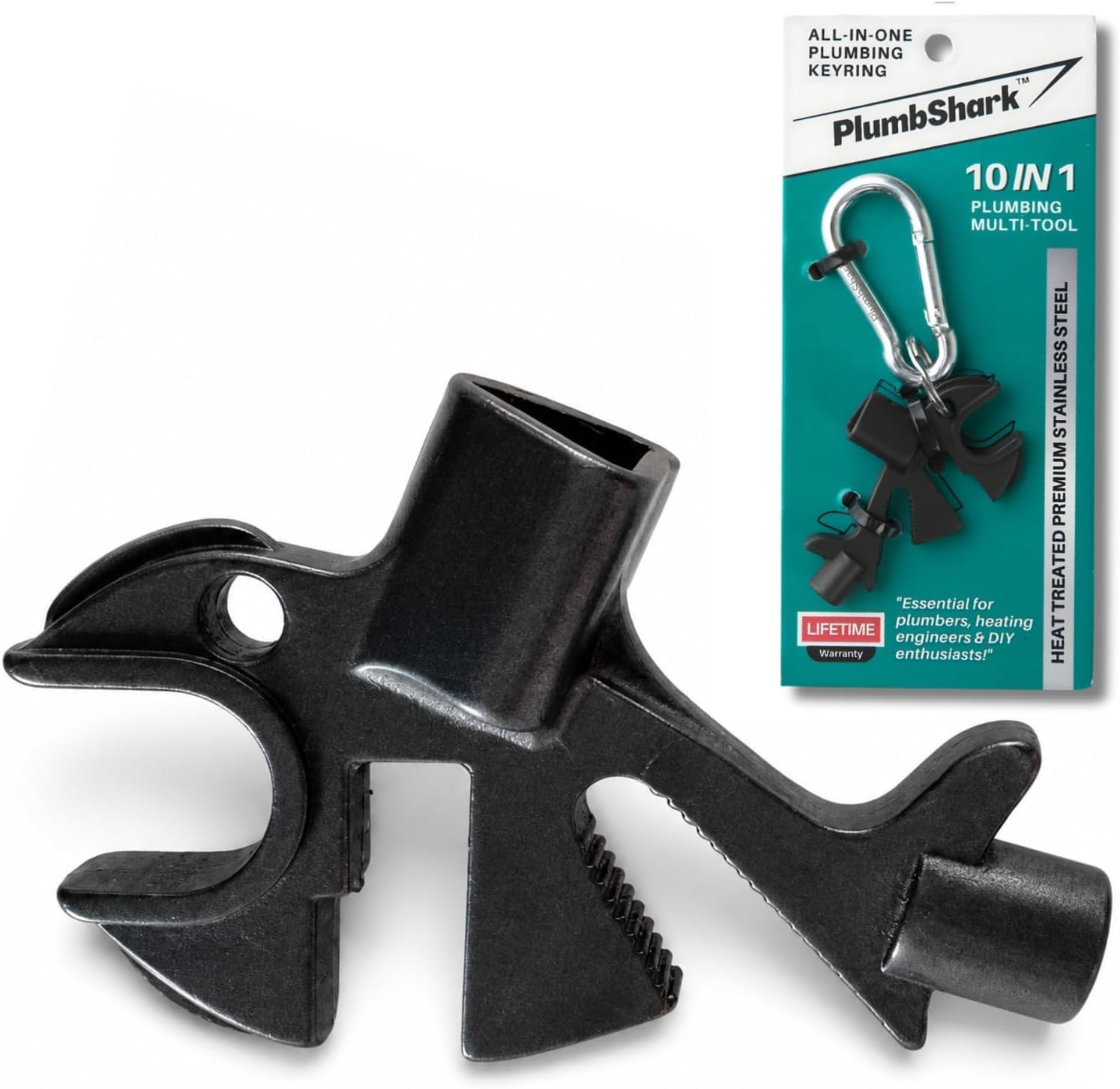 PLUMBSHARK 10 in 1 Plumbing Tools - Multi Tool Keyring - X10 Essential Plumbers Tools | Gas Engineer Tools Including Radiator Bleed Key, Gas Meter Box Key, Radiator Spanner, Plumbing Spanner & More!