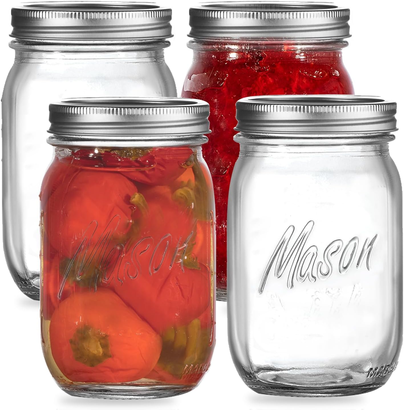 Regular Mouth Mason Jars 16 oz. (4 Pack) - Pint Size Jars with Airtight Lids and Bands - Made in USA - for Canning, Fermenting, Pickling, Meal Prep, or DIY Decors and Projects Bundled with Jar Opener