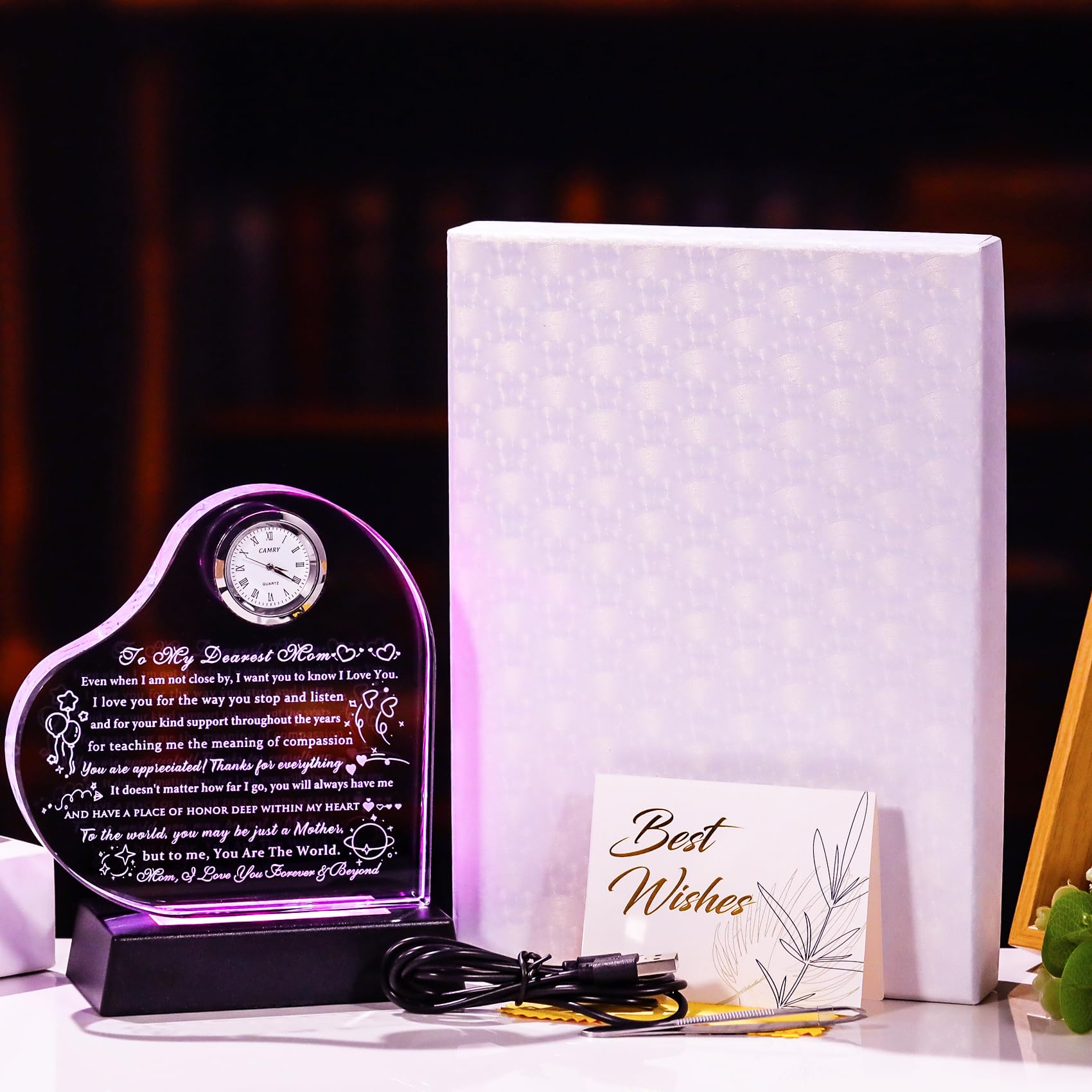 YWHL Cadeau d'anniversaire pour maman de la part de sa fille et de son fils, cadeau unique en forme de cœur pour ma mère avec base LED colorée pour Thanksgiving, Noël, Saint-Valentin, fête des mères