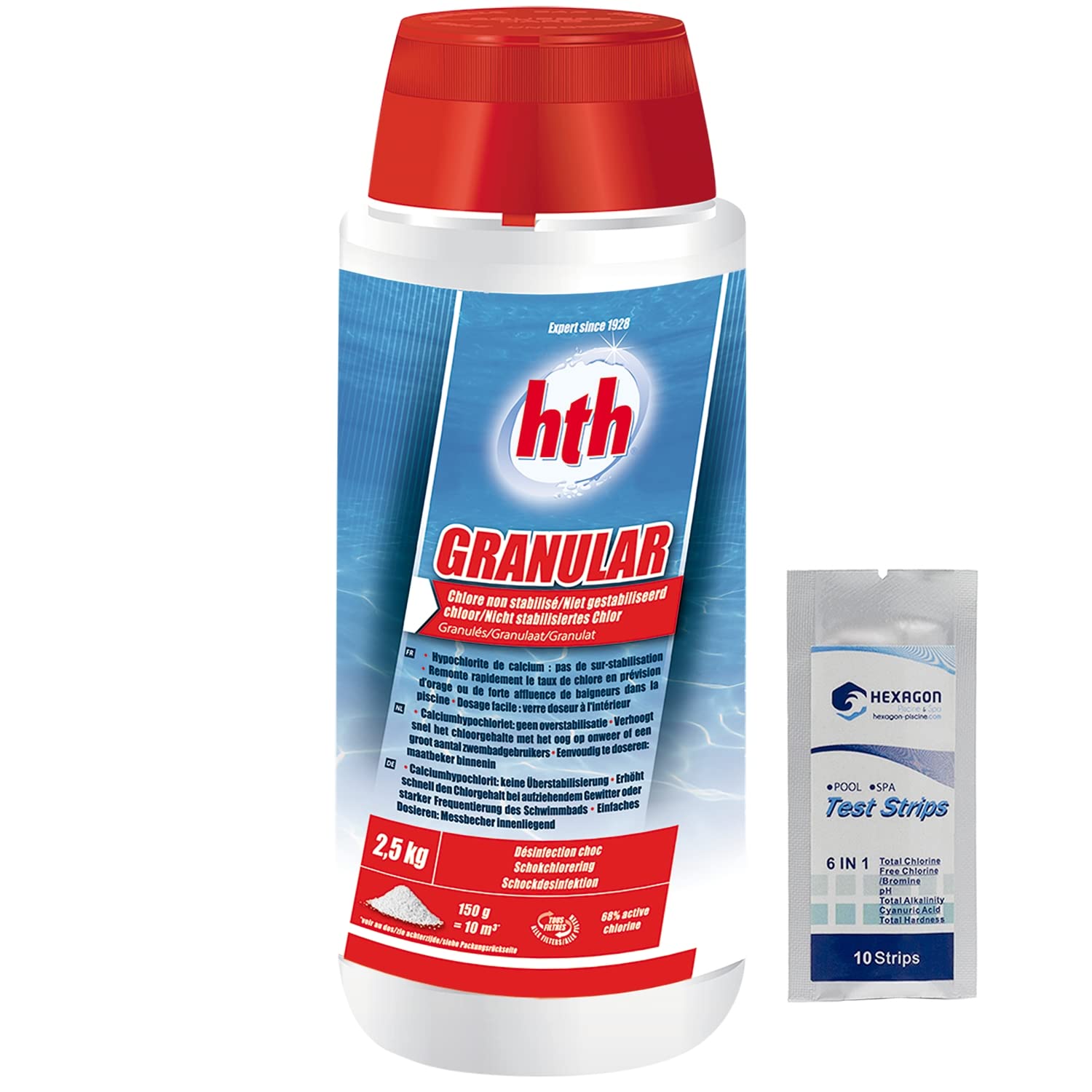 HTH GRANULAR Granulés - 2,5kg | Chlore Choc Non Stabilisé - Désinfection Choc - Hypochlorite de Calcium à Dissolution Rapide + 10 Tests HPS OFFERTS 6 en 1