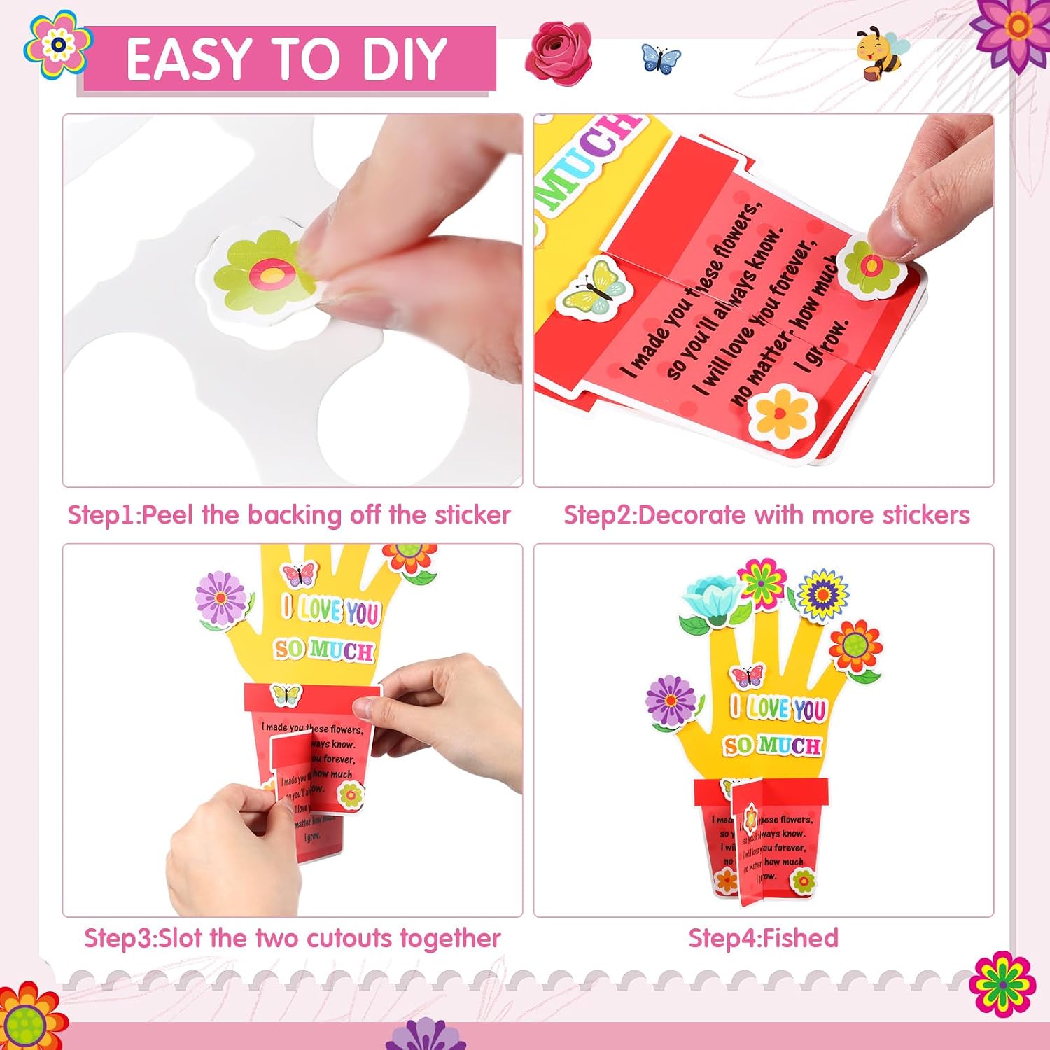 Fullhawl 24 Sets Mother's Day DIY Craft Kits Make Your Own 3D Handprint Best Mom Flowers Stickers for Happy Mother's Day Birthday Gift Home Classroom Activities Party Supplies Decor (Handprint)