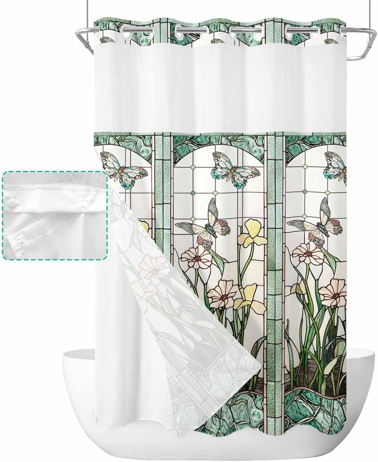 No Hook Shower Curtain with Snap in Liner,Stained Glass Meadow Flowers Dragonfly Waterproof Bath Curtain Double Layers with See Through Top Window,Rustic Botanical Hotel Shower Curtains,36x72In
