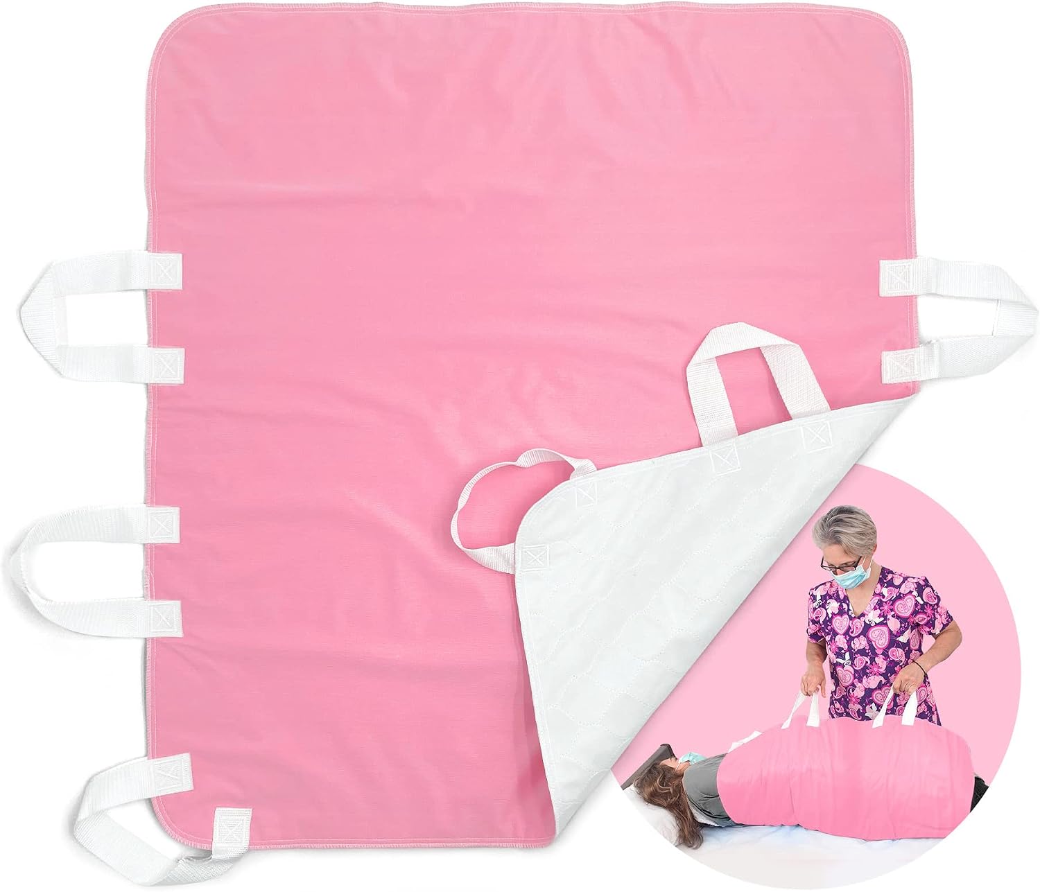 Atcha Ba Positioning Bed Pad with Handles, Incontinence Patient Lift for Home and Hospital Use, Waterproof, Reusable and Washable Bed Pads, Durable and Comfortable, 34 x 36 Inches, Pink, Pack of 1
