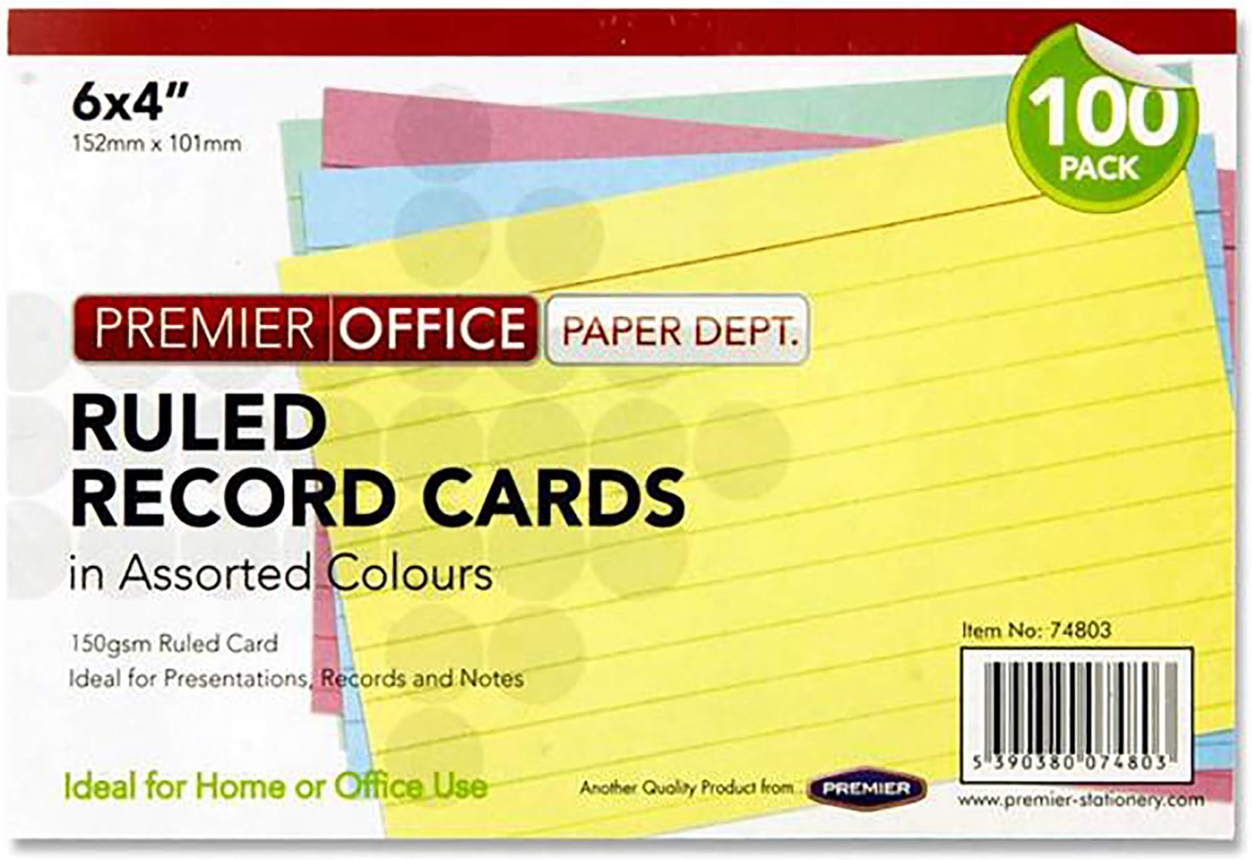 Premier Office C3274803 6 x 4 mm Record Card - Assorted Colours (Pack of 100)