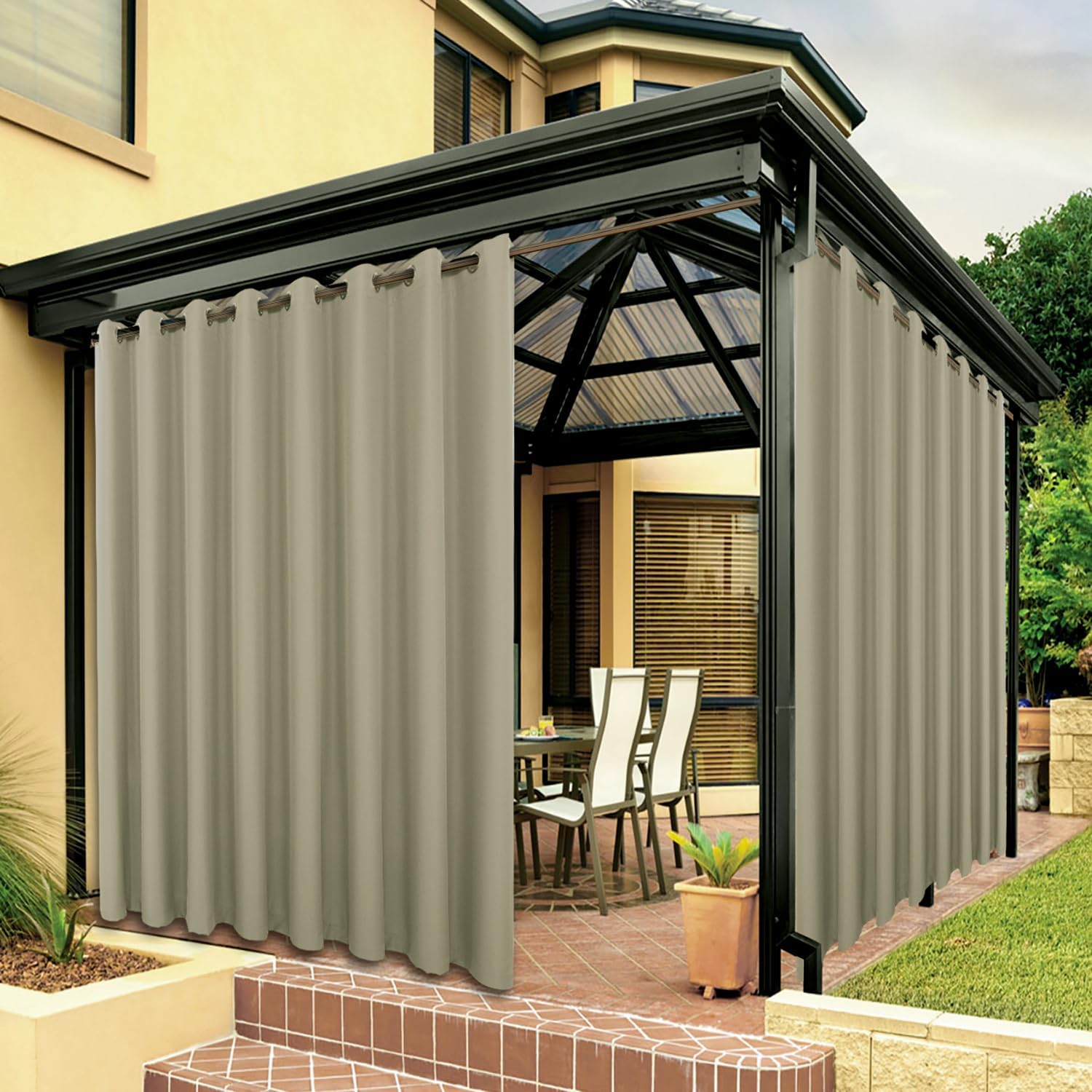 BONZER Wide Waterproof Outdoor Curtains for Patio Heavy Privacy Light Filtering Grommet Outside Curtains for Porch, Pergola, Gazebo, 1 Panel, 110W x 120L inch, Taupe