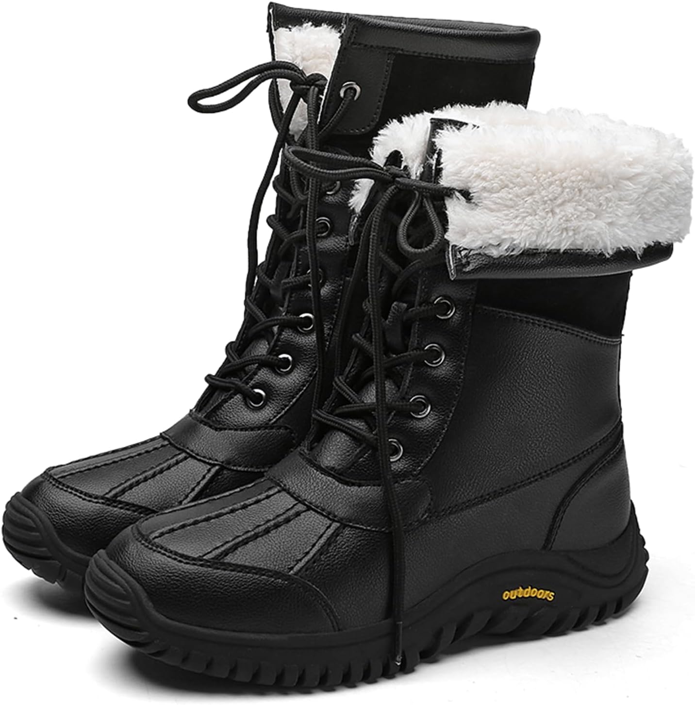 Women's Lace Up Furry Lined Winter Warm Mid Calf Snow Boots Waterproof Synthetic Leather Upper Round Toe Low Heel Non Slip Outsole For Hiking Camping Outdoor Backpacking