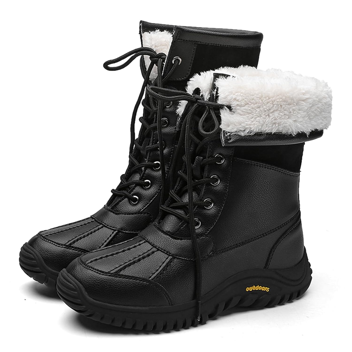 Womens Lace Up Furry Lined Winter Warm Mid Calf Snow Boots Waterproof Synthetic Leather Upper Round Toe Low
