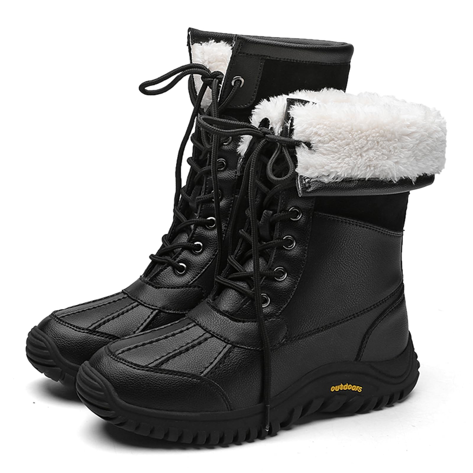 Womens Lace Up Furry Lined Winter Warm Mid Calf Snow Boots Waterproof Synthetic Leather Upper Round Toe Low