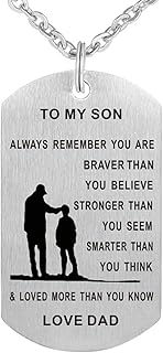 To My Son from Dad Inspirational Necklace Dog Tag Pendant Necklace Always Remember You Are Braver Than You Believe Military Motivational Encouragement Dogtags Jewelry Birthday Graduation Gifts