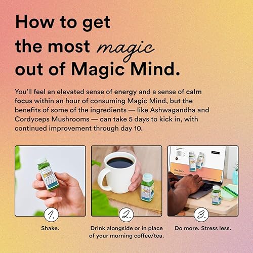 Miniatura 6 de Magic Mind Focus Energy Drink Shots - Sin nerviosismo, alivio del estrés, Ashwagandha, hongos funcionales, té verde matcha, vitamina B12, vitamina