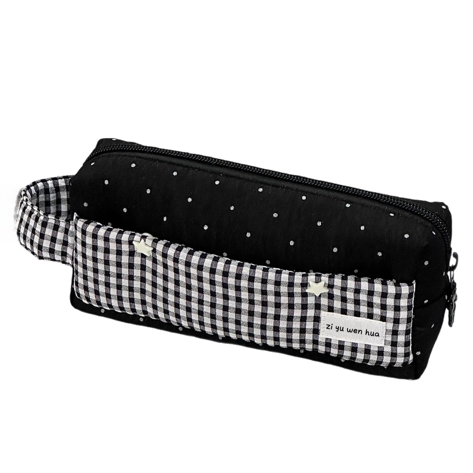 irLocy Cute Vintage Pencil Case 90s Dot Pen Pencil Pouch Preppy Plaid Makeup Bag Coquette Supplies (Black polka dot)