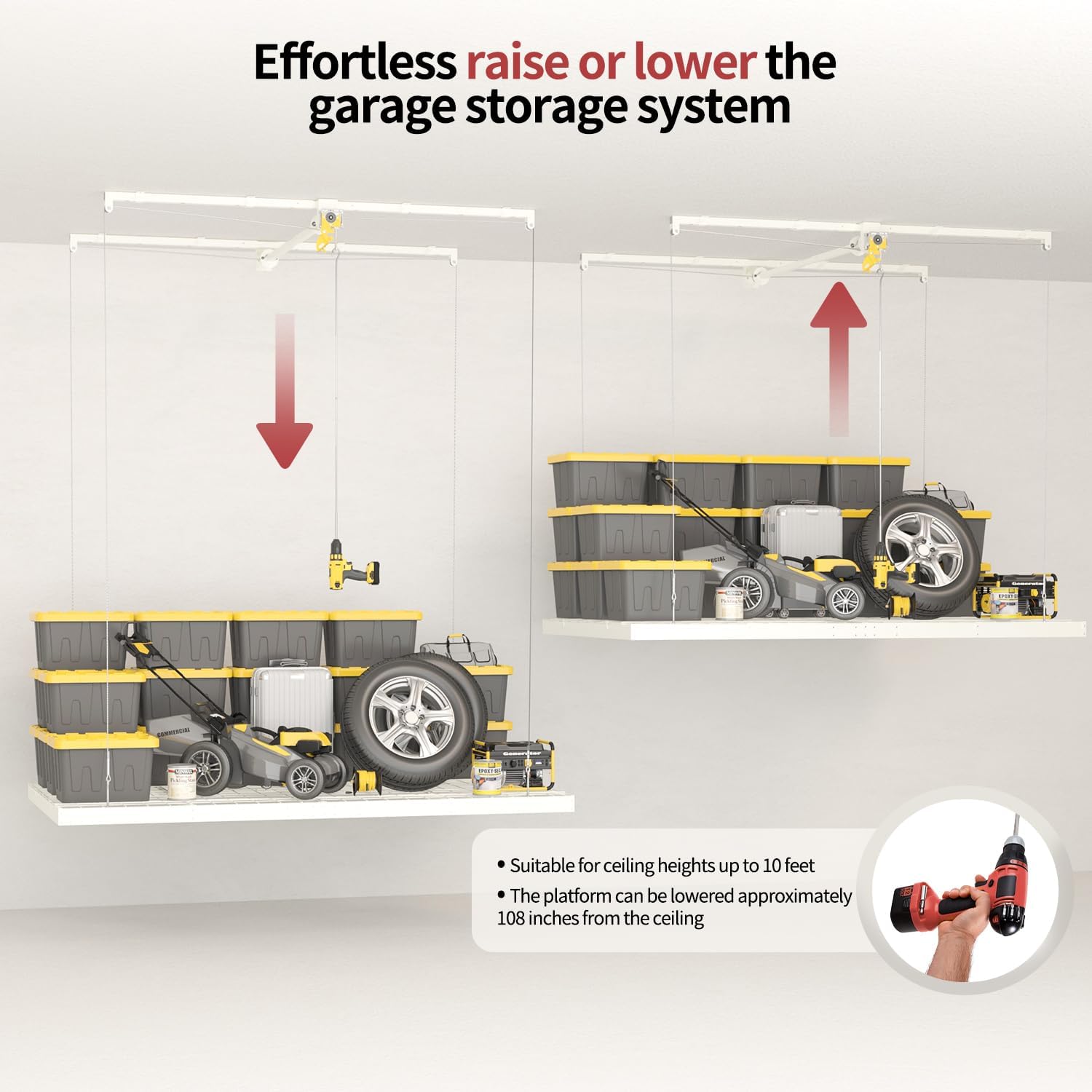 Garage Ceiling Storage Racks – 4x8 FT Overhead Garage Storage Rack with Safety Lock, Heavy-Duty Ceiling Mounted Lift System and Storage Organizer, Ideal for Maximizing Overhead Space, 325 lbs Capacity - Image 5