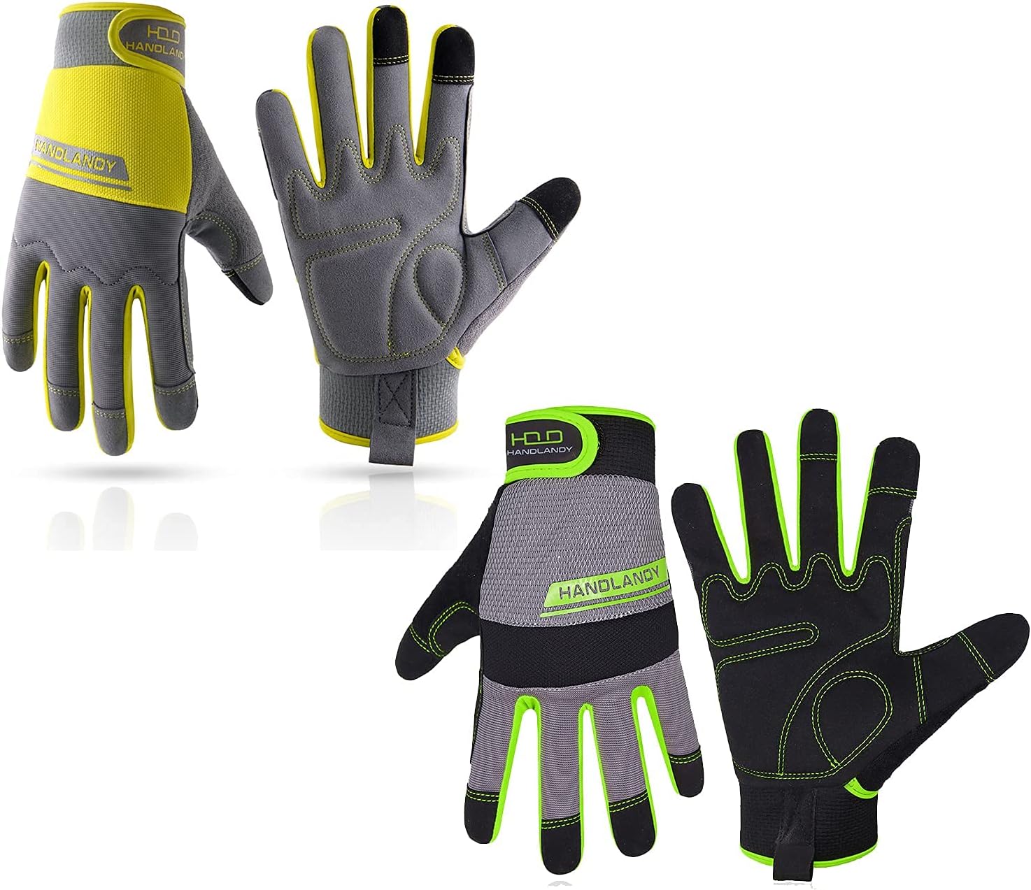 HANDLANDY Bundle - 2 Items Utility Mechanic Working Touch Screen Yard Work Gloves - Green, Yellow