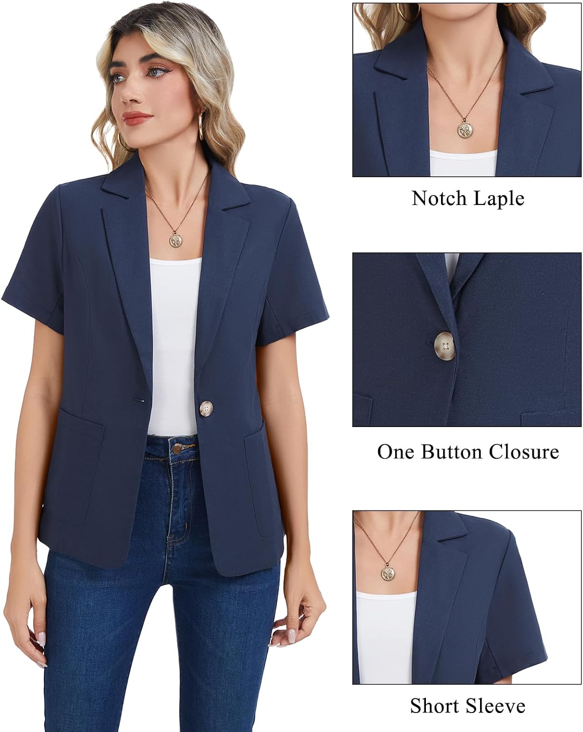 Cotton Linen Blazers for Women Trendy One Button Open Front Short Sleeve Blazer Jackets Work Office Outfits