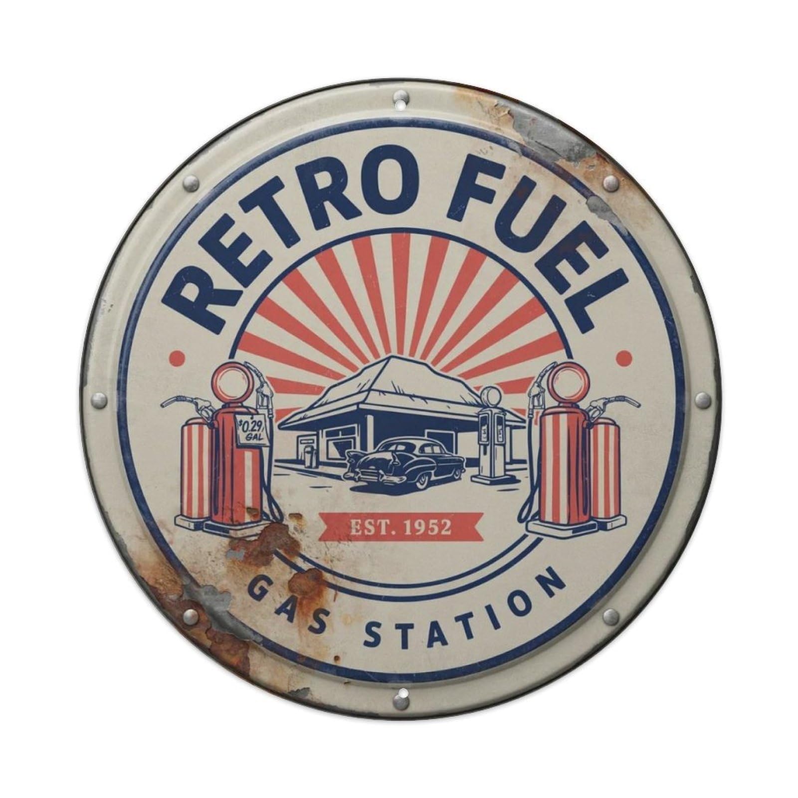 Retro Car Gas Station Vibe. Metal Tin Sign Plaque