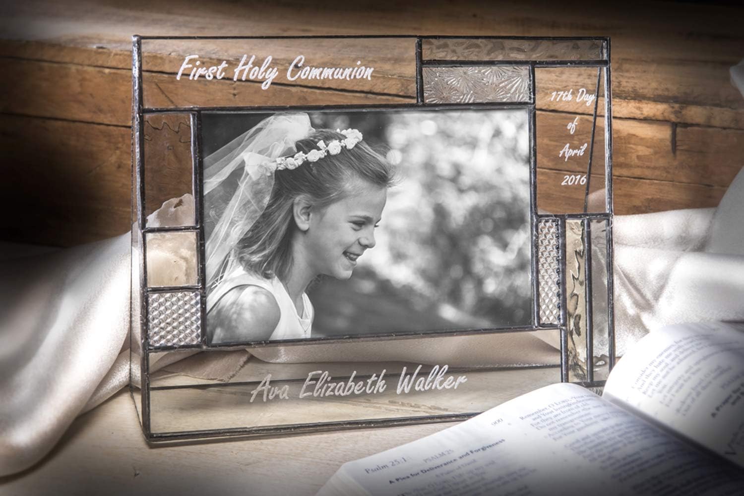 J Devlin First Communion Personalized 4x6 Horizontal Picture Frame Grey and Antique Yellow- EP 575