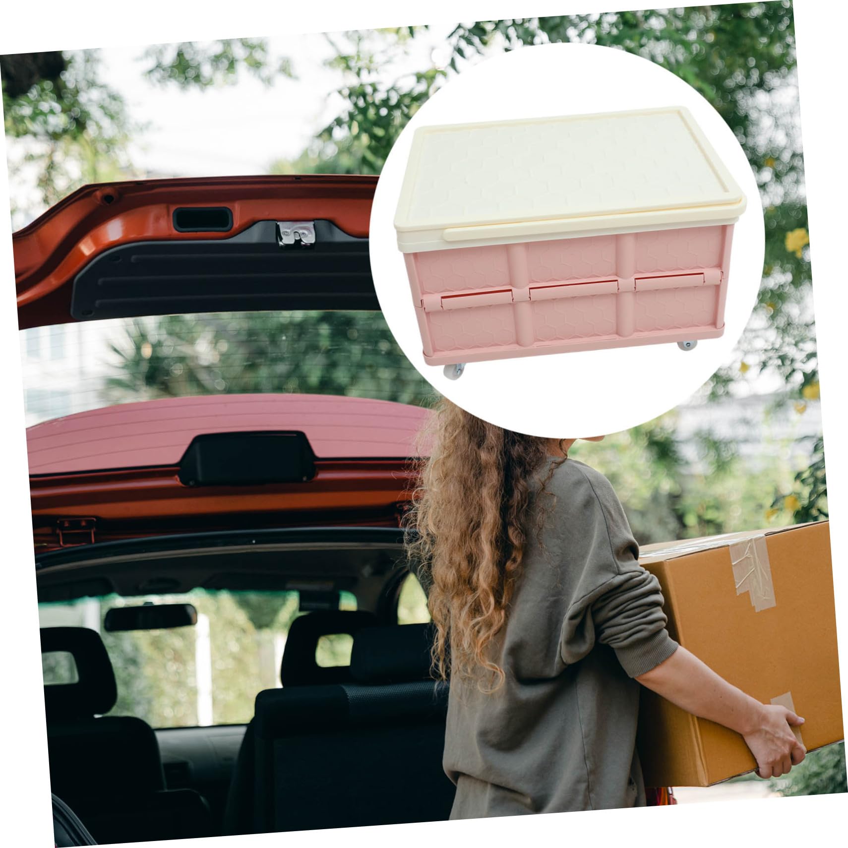 Caja de Almacenamiento con Ruedas Rosa, Plástico, Tapa y Diseño Plegable