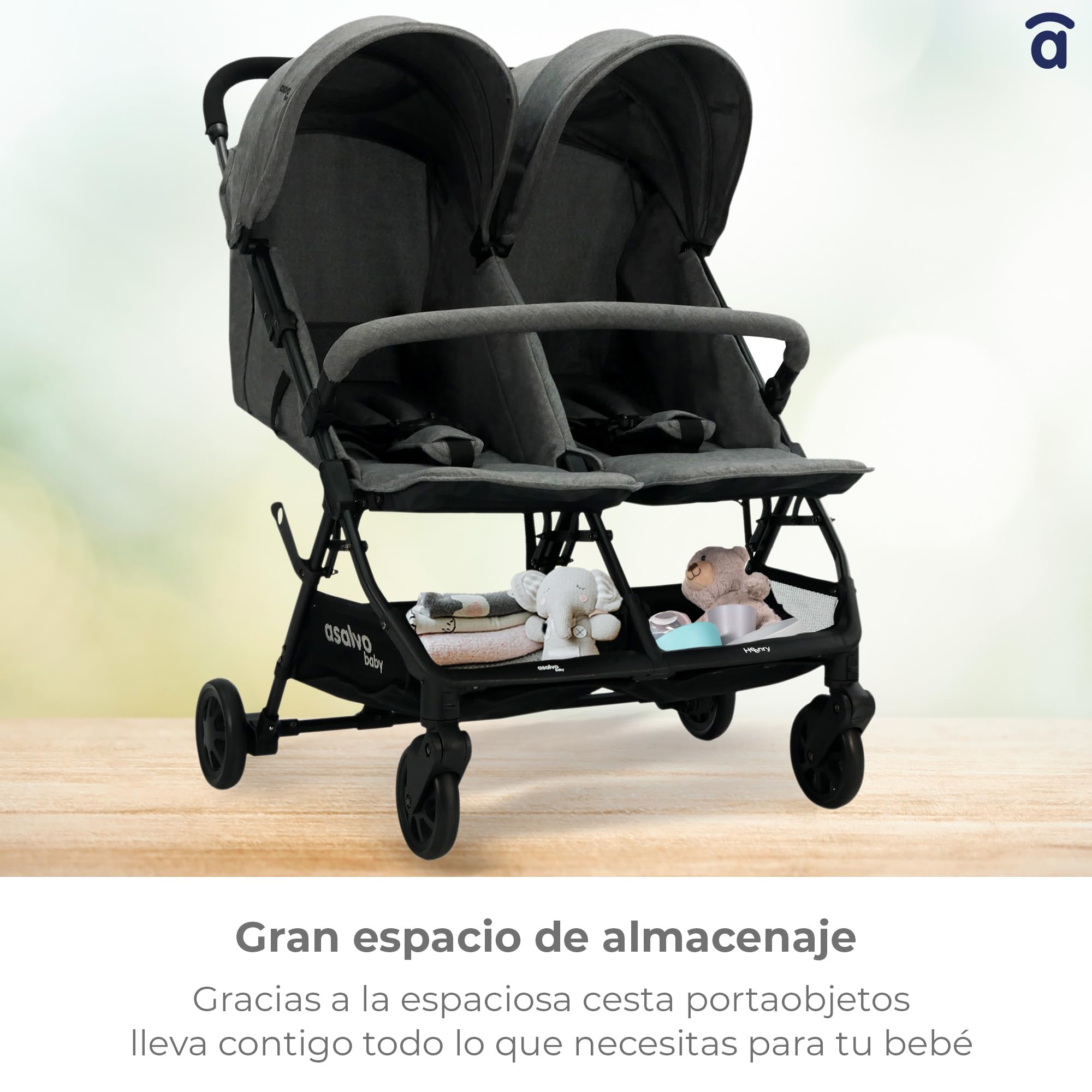 Asalvo DOUBLE HENRY Silla de paseo Doble, Cochecito doble para Gemelos y Hermanos, Ligera, Reclinable, Compacta, Plegable, Hasta 33kg, Freno trasero, Capota con ventana, Manejable, Verde
