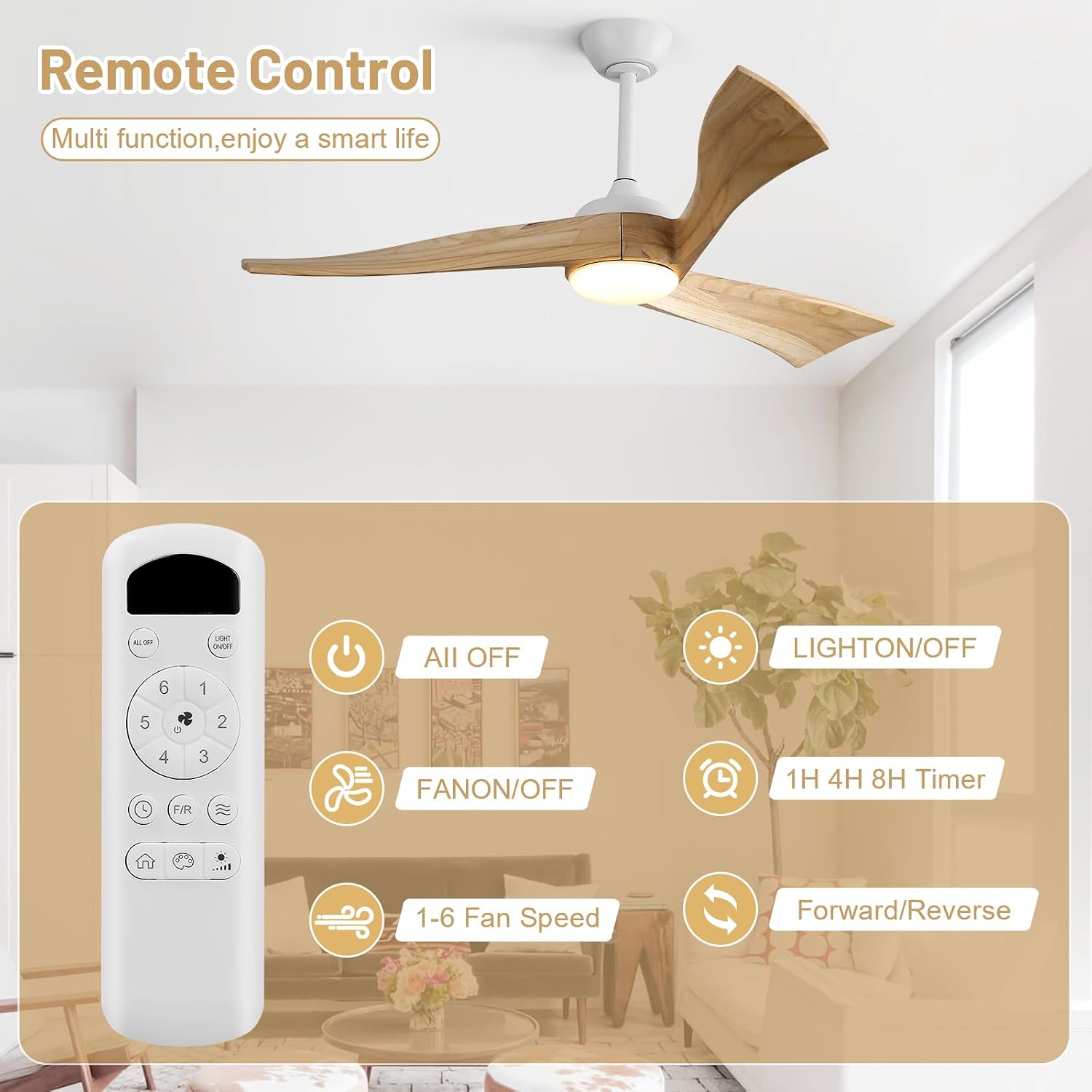 CACI Mall 52 Inch Wood Ceiling Fans with Lights, Solid, 3 Blades Indoor/Outdoor Ceiling Fan with Light and Remote, Dimmable, Quite, 3 Downrods for Patios Porch Farmhouse