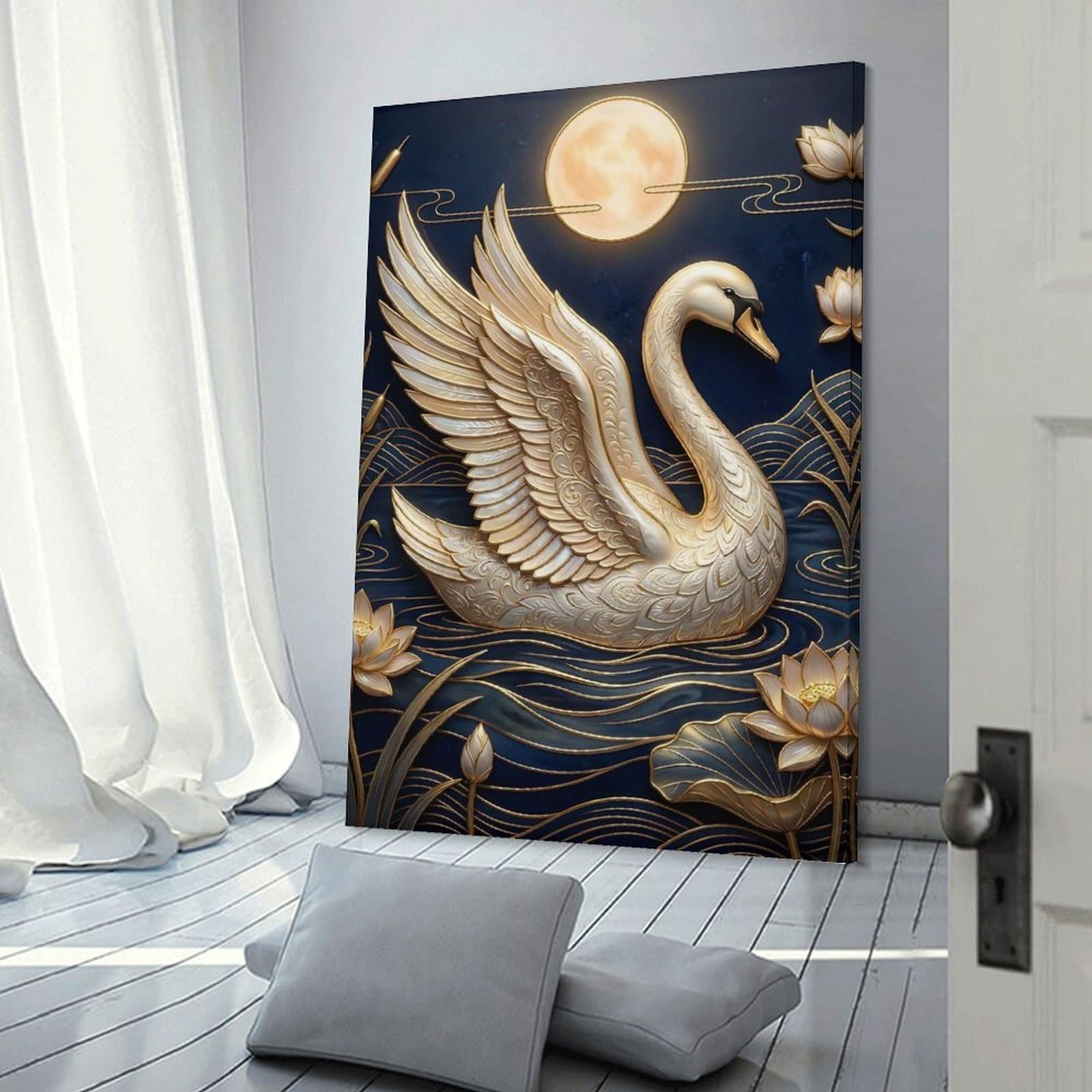 Golden Swan with Moon And Lotuses Canvas Wall Decor 24x36inch(60x90cm), for Calm Bedrooms, Home Corners Or Flats, An Easy Wall Refresh for Bedrooms