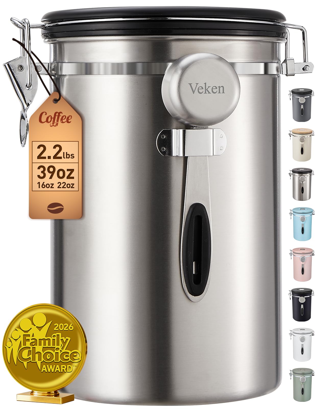 veken coffee canister, 39oz large, airtight stainless steel food storage container for 2.2lbs coffee beans, ground, sugar, tea, flour, cereal, kitchen bar accessories with date tracker & scoop, silver