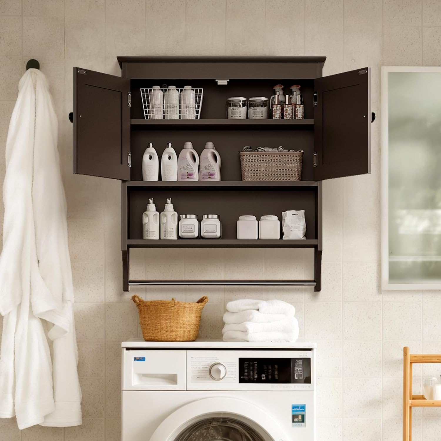Bealife Bathroom Cabinet Wall Mounted with Towel Bar & Adjustable Shelves, Over The Toilet Storage Cabinet, 2-Door Wall Mounted Medicine Cabinet, Space Saver for Bathroom Laundry Room, Espresso