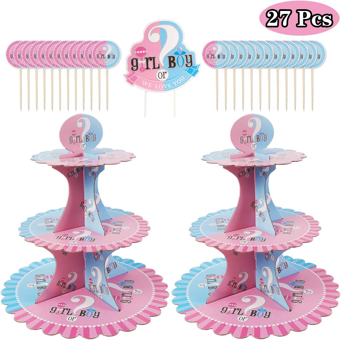 Gender Reveal Party Supplies Decorations - 27 Packs Baby Shower Cake Topper and Tower Set for Boys or Girls, Double Sided Food-Safe & Eco-Friendly Stand