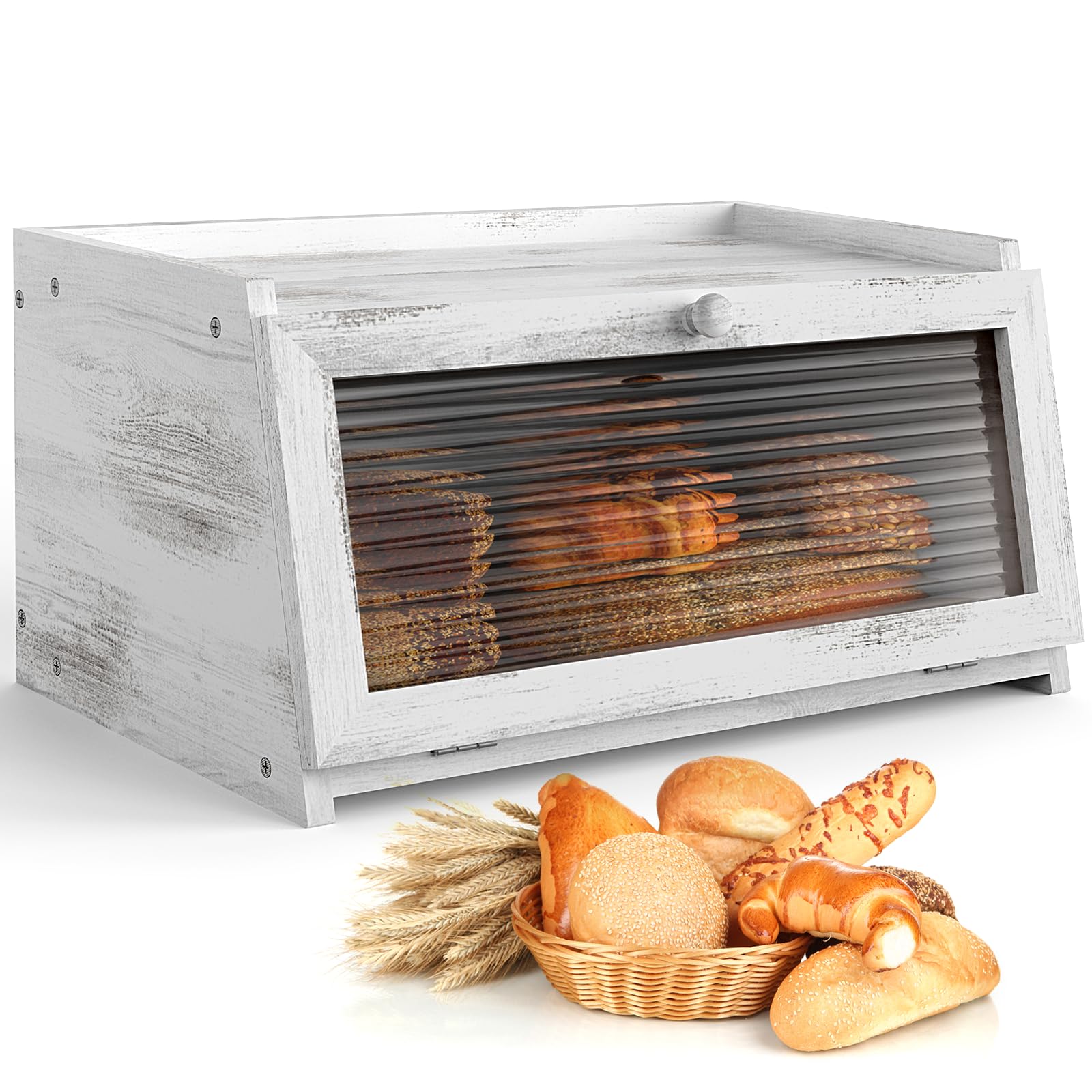 Bread Box for Kitchen Countertop Large Farmhouse Bread Container Bread Storage with Window Bamboo Bread Holder