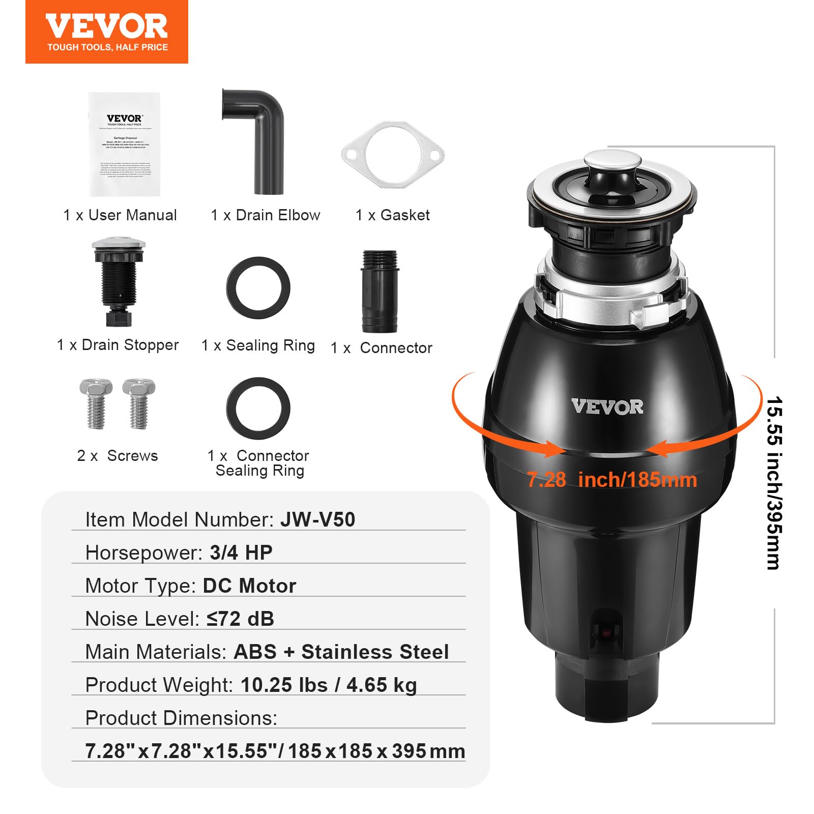 VEVOR Triturador de Basura para Fregadero de Cocina, 3/4 HP, Sistema de Eliminación de Residuos de Alimentos, 3930 RPM, con Cable de Alimentación, para el Hogar, Cocina, 185 x 185 x 395 mm, Negro