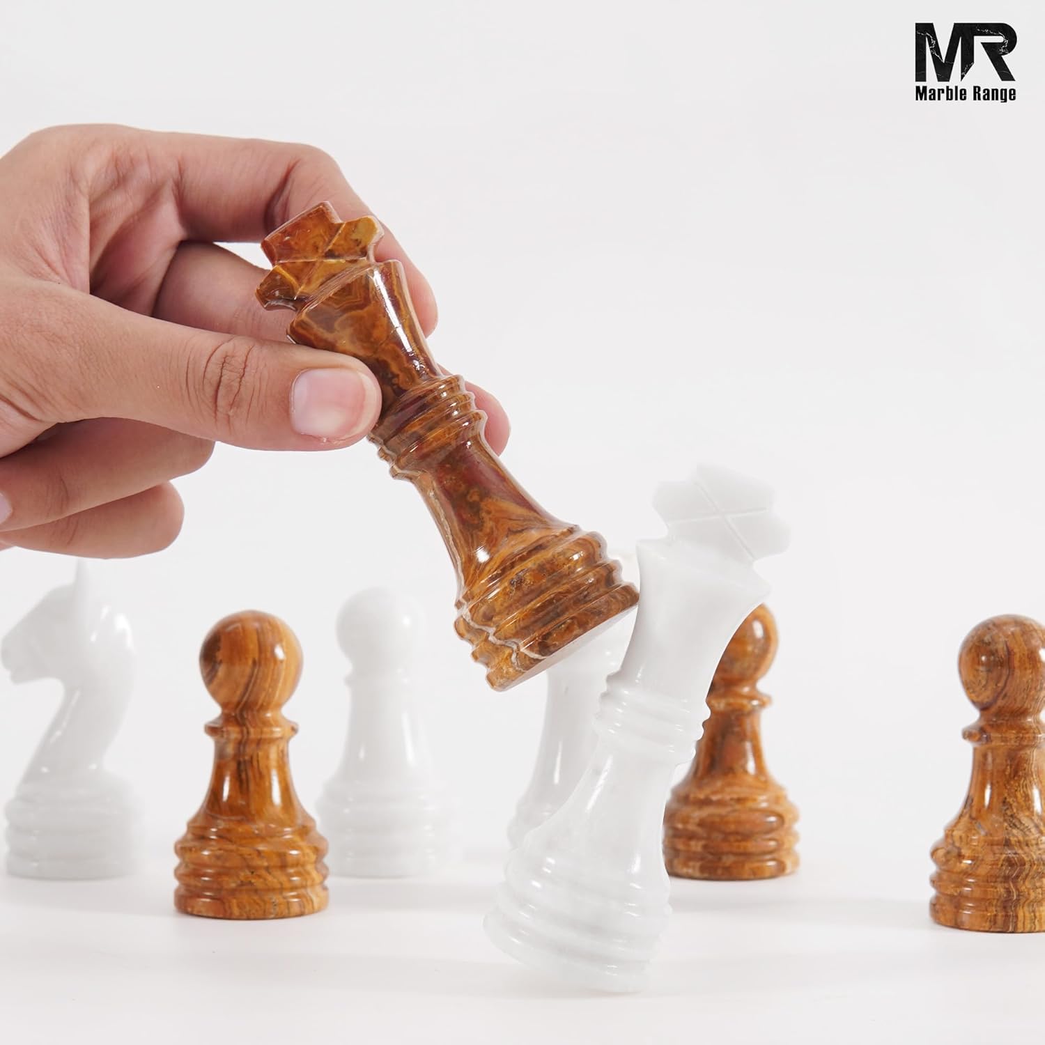 Marble Chess Pieces 3.5 Inch King Handmade White and Dark Brown 32 Chess Figures for Board Games, Suitable for Travel Games & Father’s Day