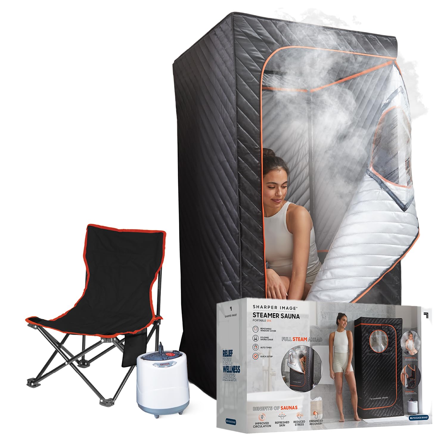 SHARPER IMAGE - Tragbare Sauna - Wellness - Dampfbad - Klappstuhl inklusive - Wärmetherapie - Revitalisiert die Haut - Regeneration - Stressabbau - Wellness - Entspannung | Tragbare Heim-Sauna-Pod für den Innen- und Außenbereich, faltbarer Stuhl und Tempe