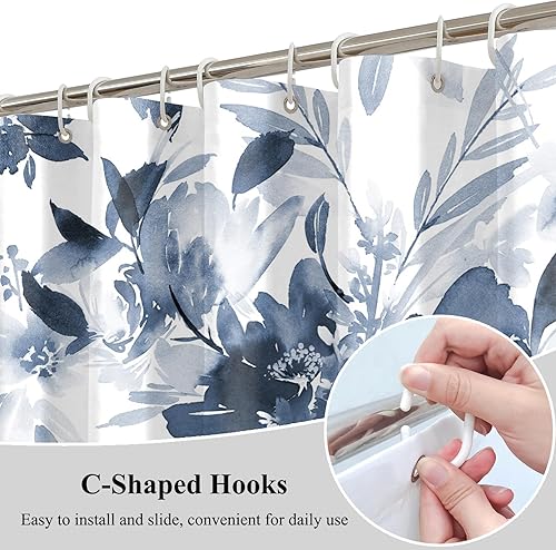 Miniatura 5 de Cortina de ducha floral azul marino con estampado de flores de tinta y flores en acuarela, impermeable, tela lavable, decoración de bañera, juego de