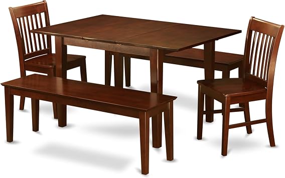 East West Furniture MLNO5C-MAH-W 5 Piece Dining Room Table Set Includes a Rectangle Kitchen Table with Butterfly Leaf and 2 Dining Chairs with 2 Benches, 36x54 Inch, Mahogany