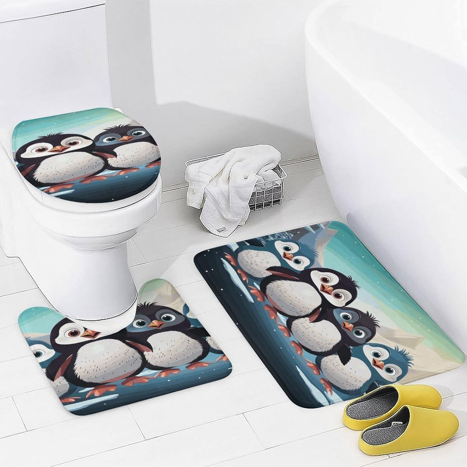 Four Piece Bathroom Set with Toilet Lid Cover and Non-Slip Rugs Minimalist Shower Curtain for Bathroom Set