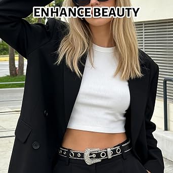 2Pcs Silver Belts, Diamante Belt and Rhinestone Cowboy Style, Western Belt, Studded Design with Silver Finish, Two Piece Set for Jeans and Casual Wear, Adjustable Fit for Various Sizes