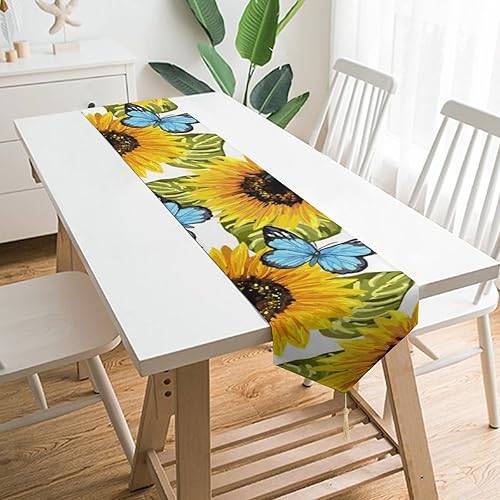 Miniatura 4 de Sunflowers - Camino de mesa con diseño de mariposas azules de 707890 pulgadas de largo para mesa redonda, casa de campo, restaurante, dormitorio