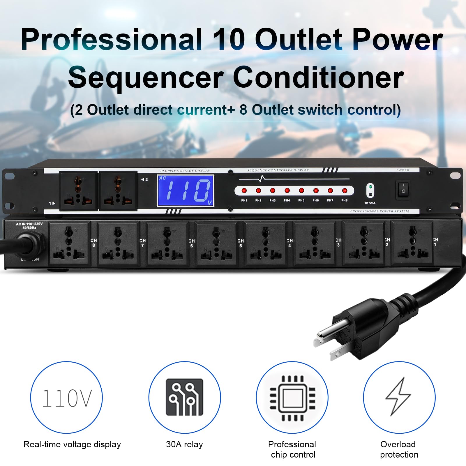 Depusheng 10 Steckdosen, 10 A, 2000 W, digitaler Audio-Sequenzer, Rackmontage mit präziser Echtzeit-Spannungsanzeige, geeignet für Zuhause, KTV, Klassenzimmer, Bühnenstudio, Schwarz (D228)