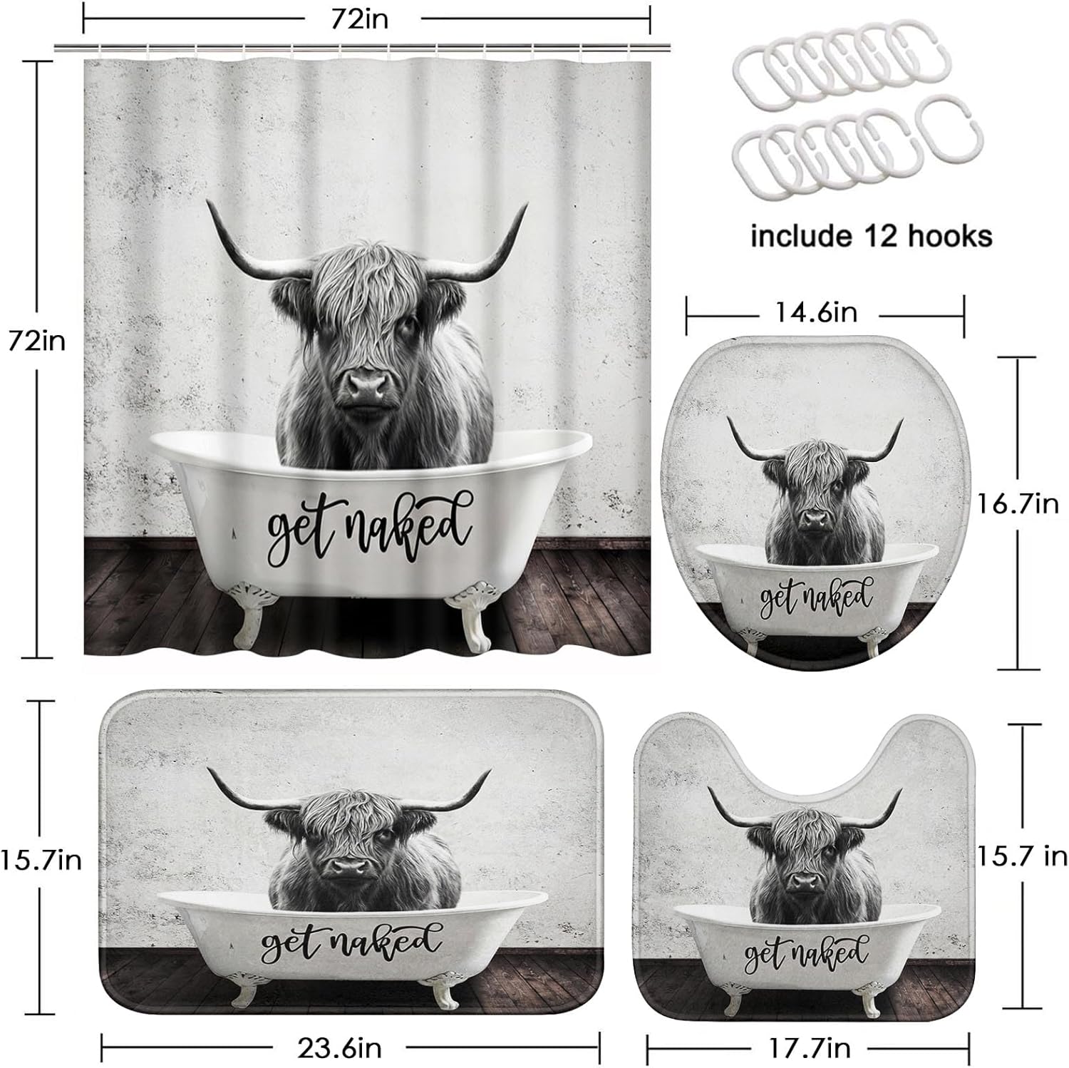 Highland Cow in Bathtub Shower Curtain Set with Toilet Lid Cover and Non-Slip Rugs, Get Naked Grey 4 Pcs Shower Curtain with 12 Hooks, Funny Bathroom Set with Rugs and Accessories