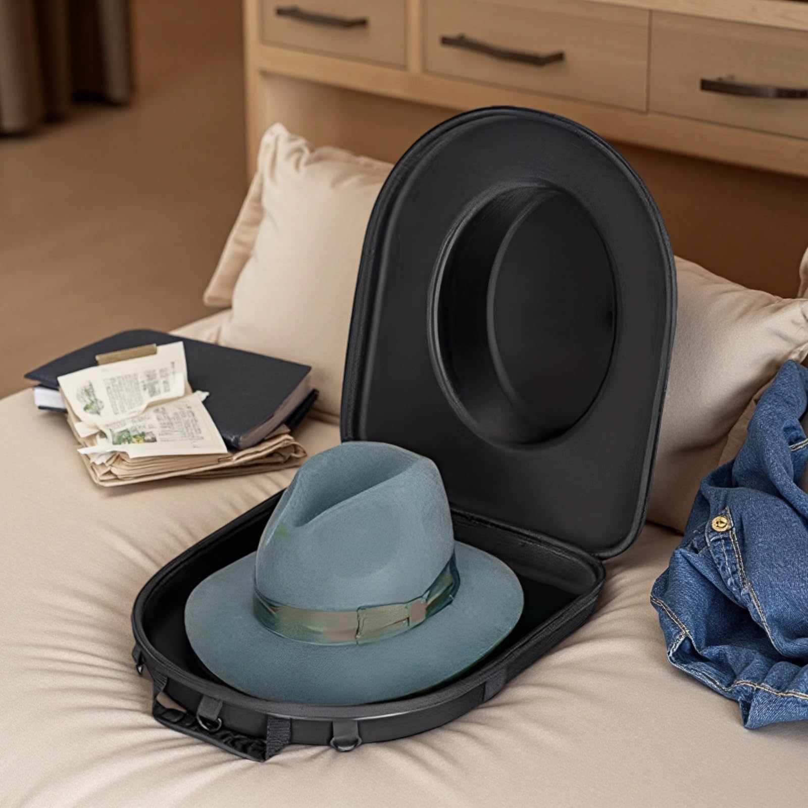 Cowboyhut-Reisetasche, 38,5 cm, harte Tragetasche, bruchsicherer Cowboyhuthalter zur Aufbewahrung, schützende Westernhut-Transporttasche, inklusive verstellbarem Schultergurt