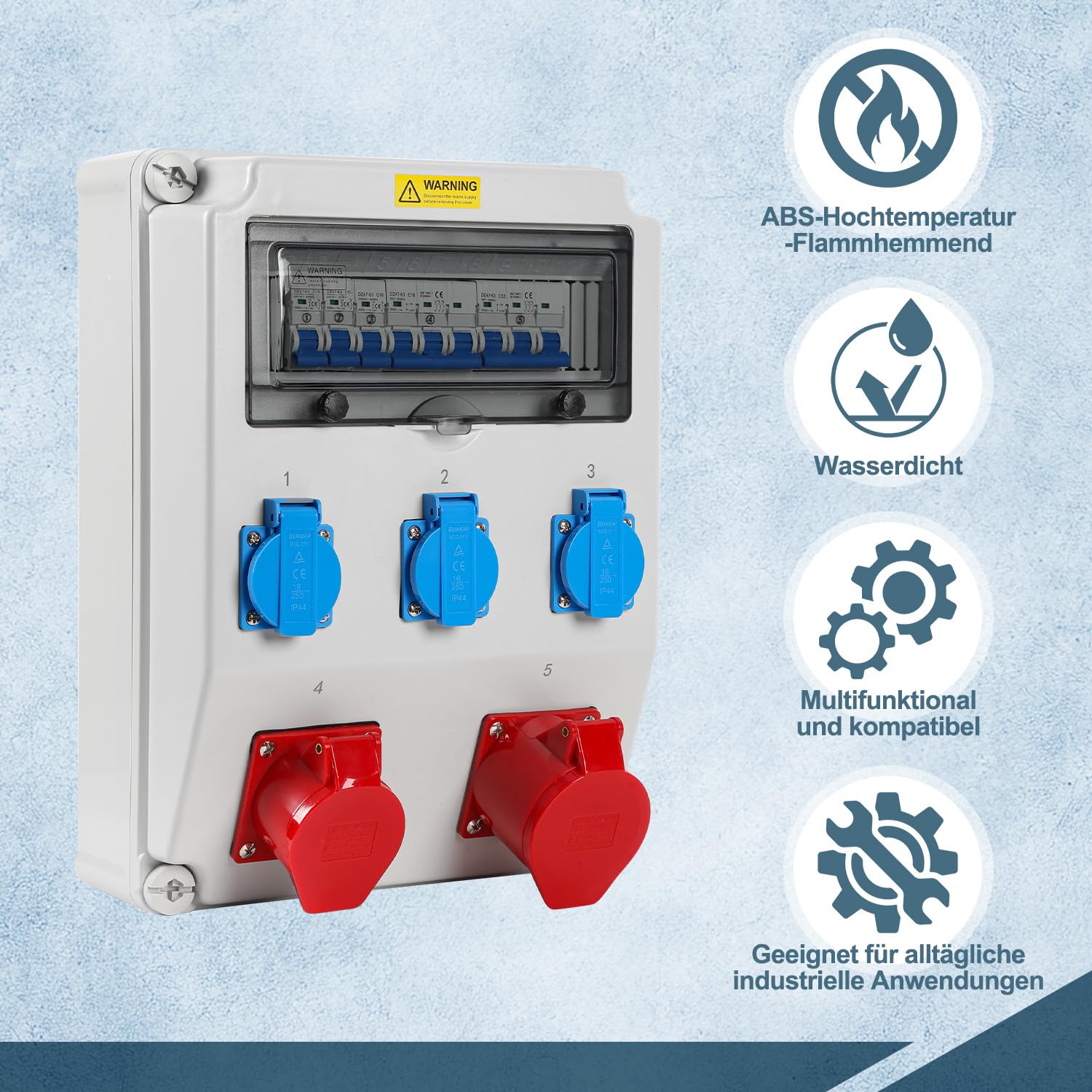 Distributore di corrente IP65 senza FI, con CEE 16A & 32A 400V e Schuko 230V, distributore a parete a 5 poli per cantieri, industrie, interni ed esterni, alloggiamento resistente alle