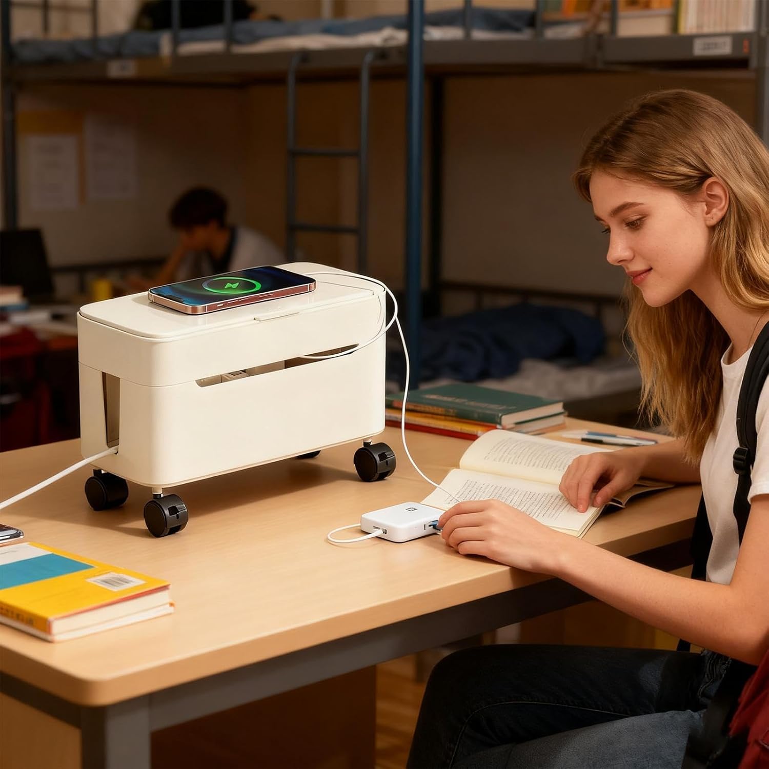 Cord Management Box, Wire Storage with Wheels and Tabletop Charger Organizer, Cable Storage Solution for Home, Office, Dormitory, Gaming Setup, TV Stand, Computer Desk, Tech Enthusiasts, Renters