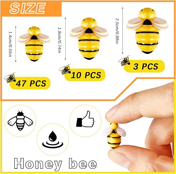 Jetec 60 Pcs Tiny Resin Bees for Crafts, 3 Size Flatback Small Bee Decor | Plastic Mini Garden Bees, Embellishment for Art Crafts, DIY, Baby Shower, Birthday Party, Honey Themed Table Decorations