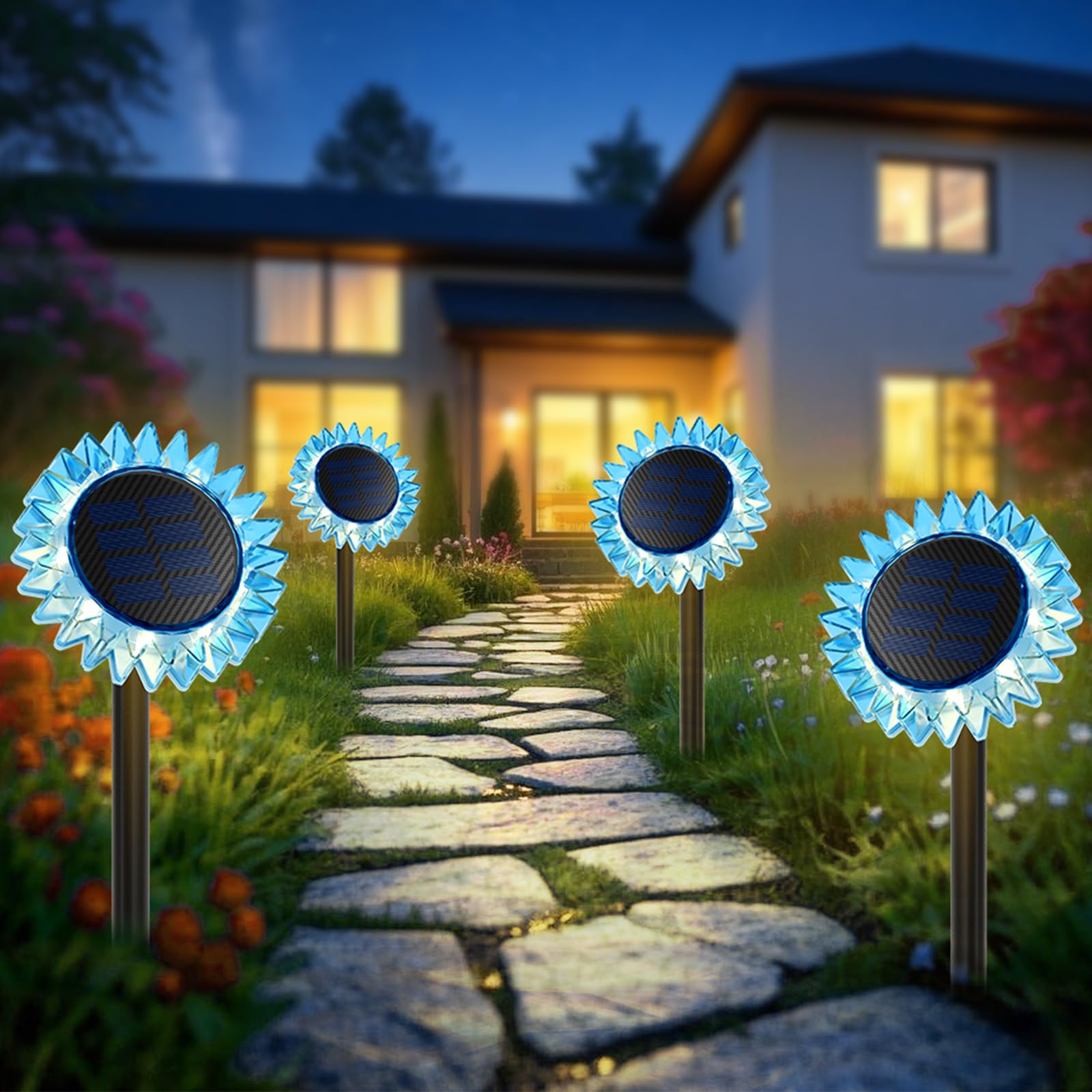 Outdoor Solar Lights 4 Pack Led Solar Sunflower Lights Stake Wall 2-in-1 Waterproof Solar Garden Lights for Yard