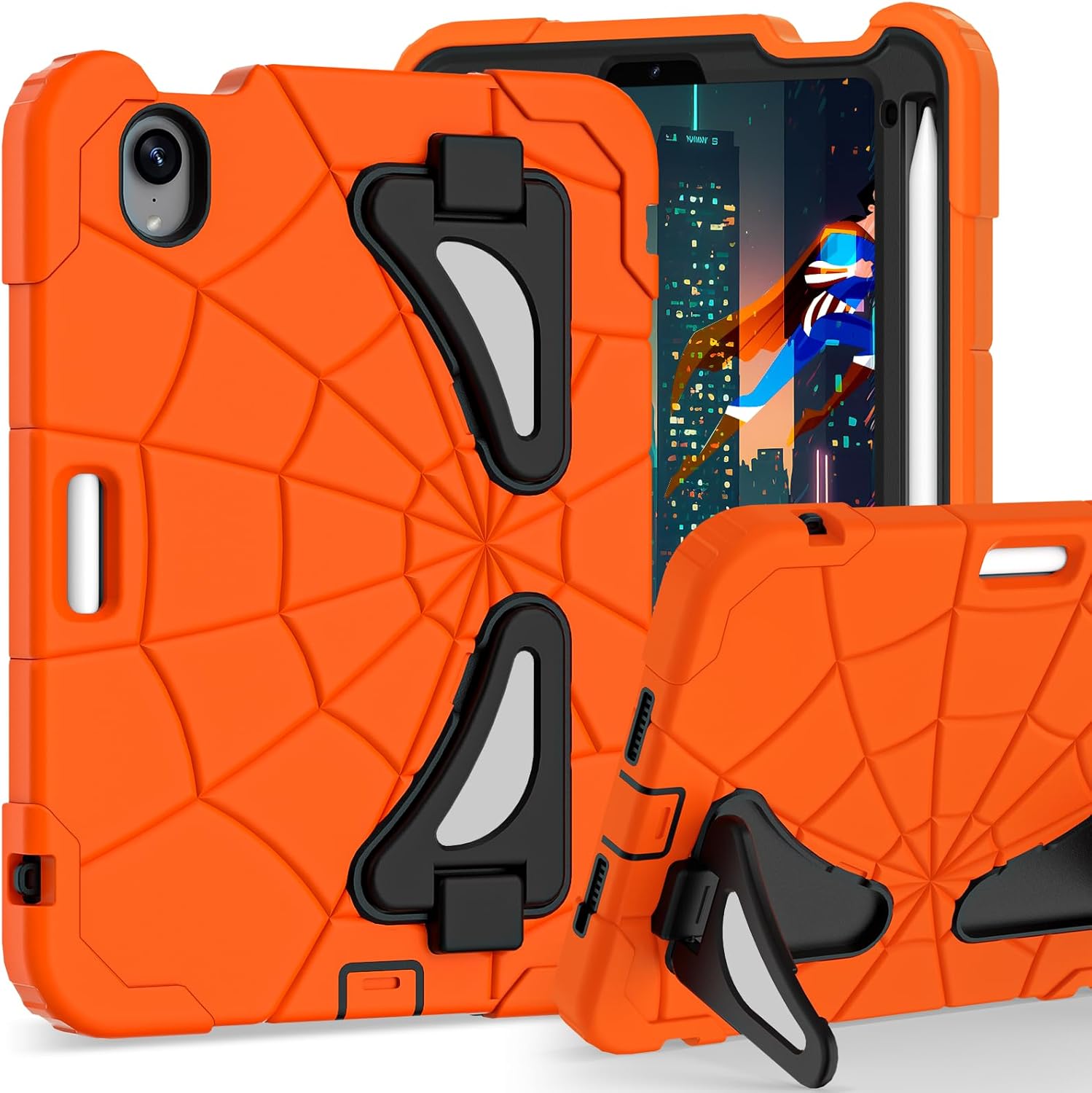 Kids Case for iPad mini 7 A17 Pro 2024/ Mini 6 8.3 inch, Spider Case for iPad mini 7th 6th Generation, Shockproof Durable Full Protective Cover with Pencil Holder, Kickstand (Orange+Black)